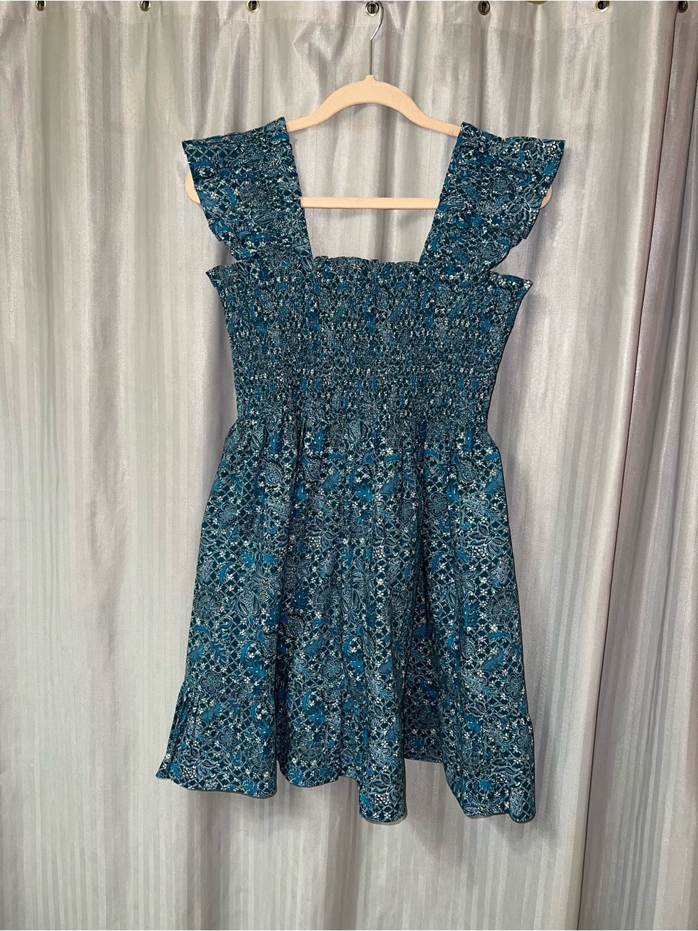 Hill House 100% Cotton Nap Dress Teal Blue Floral Smocked size L - Picture 2 of 8